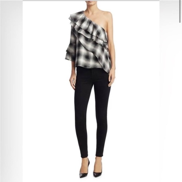 Alice + Olivia Black White Plaid One Shoulder Ruffle Top Size Med - Picture 8 of 16